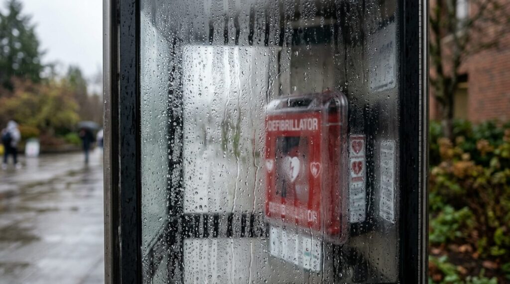 Tæt billede af kondensation og fugtdråber på en overflade.