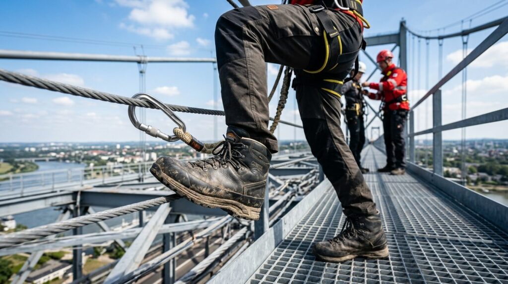 Close-up of bridgewalkers feet in safety shoes stepping on