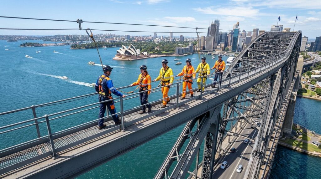 Wide aerial view of small group of bridgewalkers in safety g