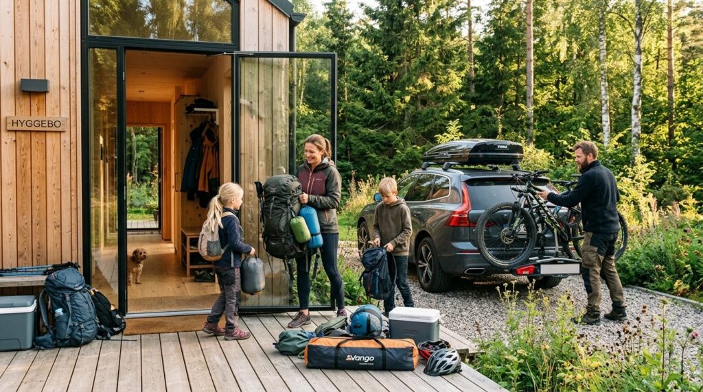 Lifestyle photograph of active Danish family loading outdoor