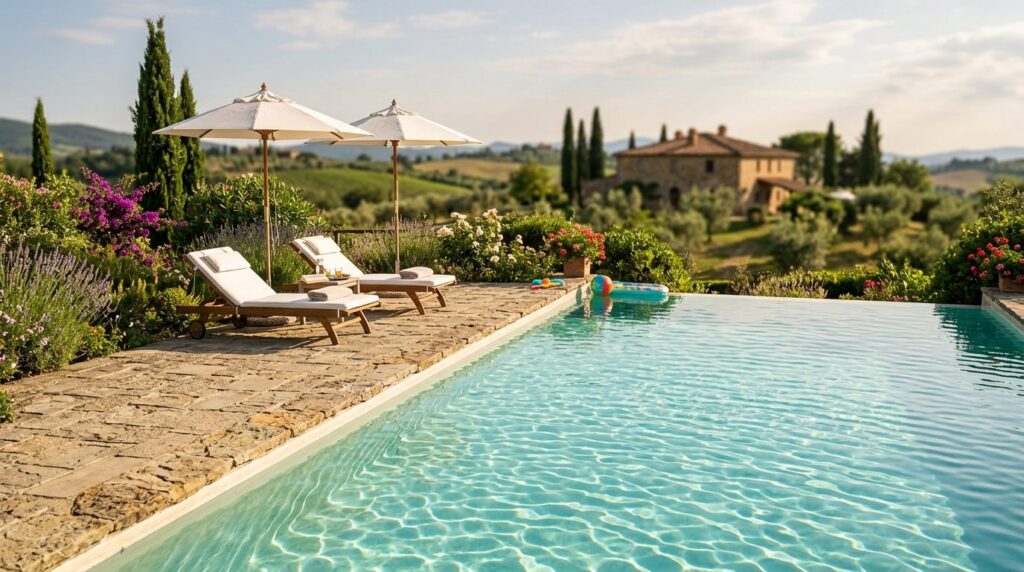 Close-up of sparkling private pool with stone terrace, white