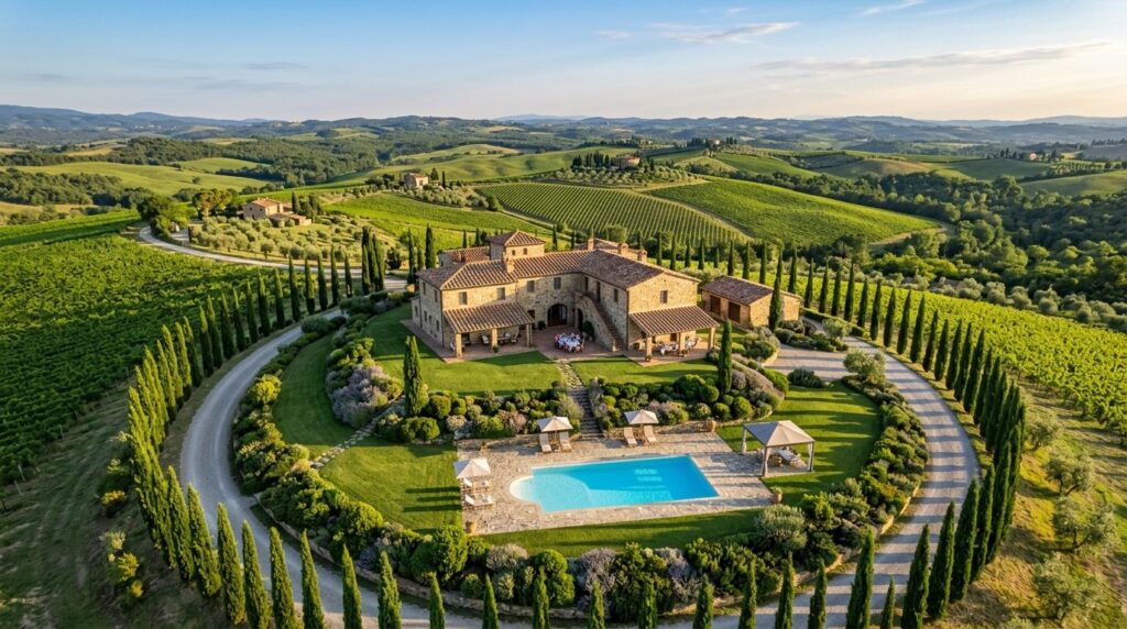 Aerial view of stone Tuscan holiday villa with private pool 