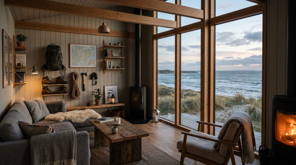 Cozy interior shot of a summer cottage basecamp with floor-t