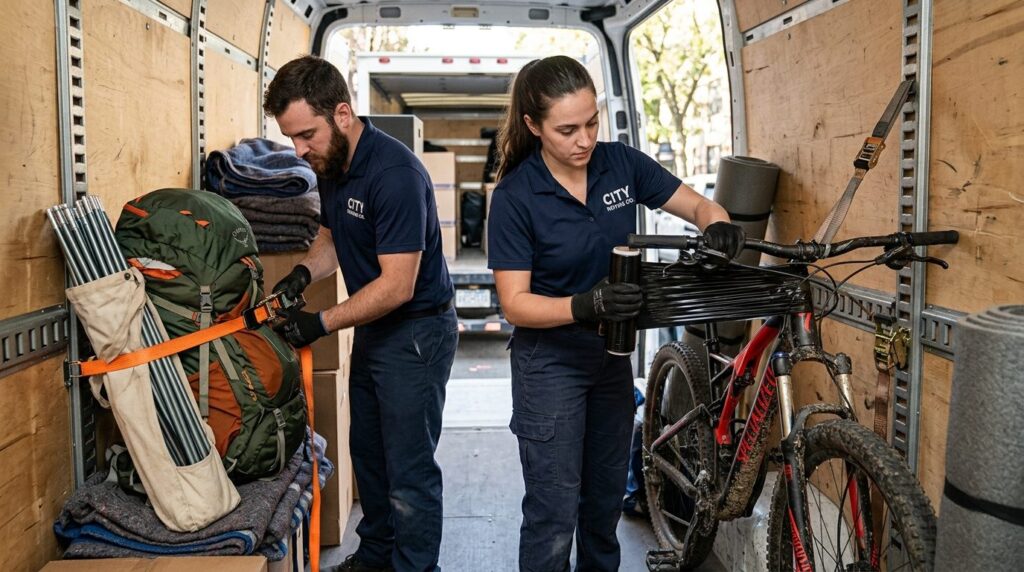 Close-up of professional movers securing heavy outdoor gear
