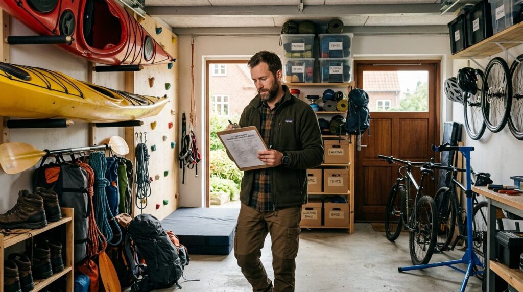 Outdoor enthusiast standing in a garage full of adventure eq
