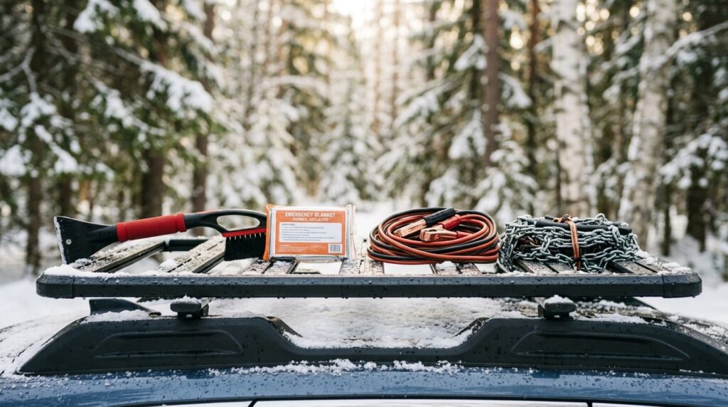 Close-up detail shot of winter car preparation essentials: i