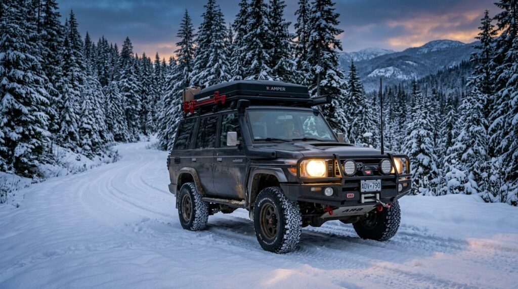 Wide angle shot of adventure-equipped vehicle navigating a s