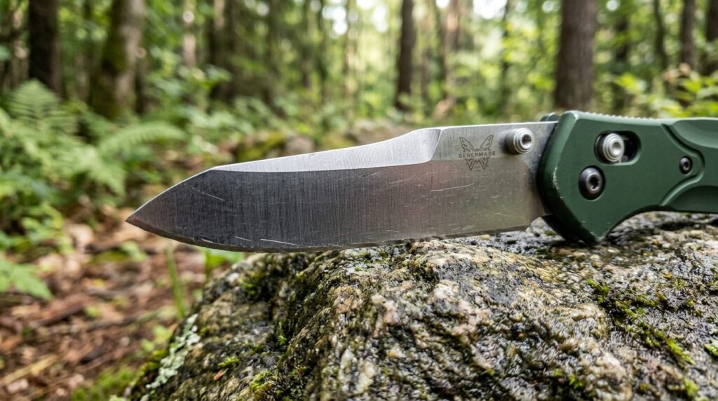 Close-up detail shot of a high-end Benchmade folding knife b