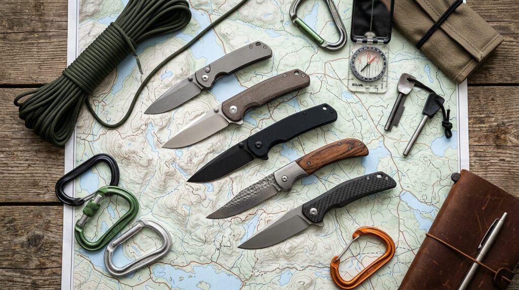 Flat lay composition of premium folding knives with differen