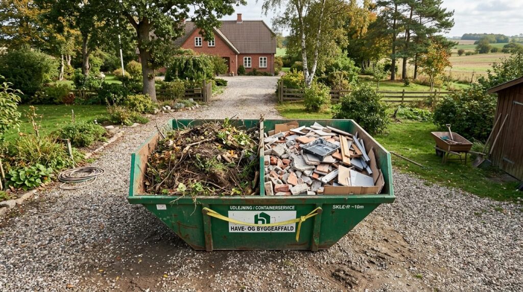 Realistic overhead view of a small rental container filled w