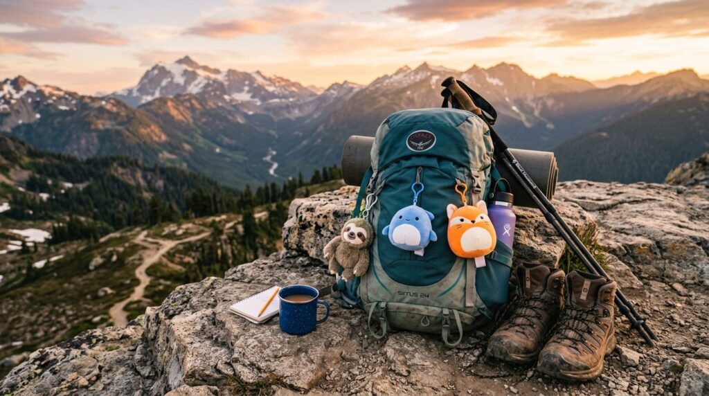 Adventurous lifestyle stock photo of a backpack with squishy