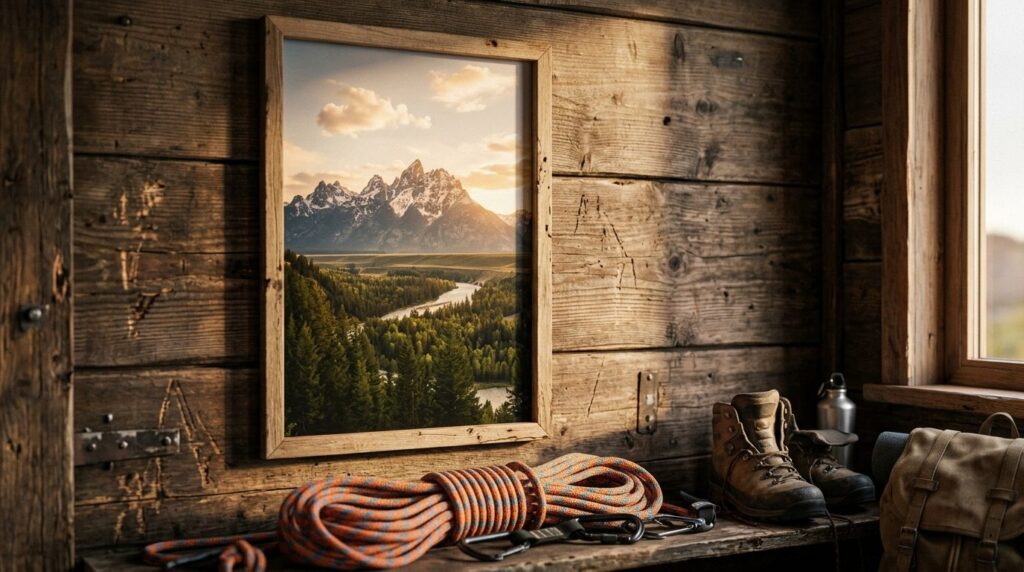 Close-up detail of a 50x70 cm landscape poster mounted on wo
