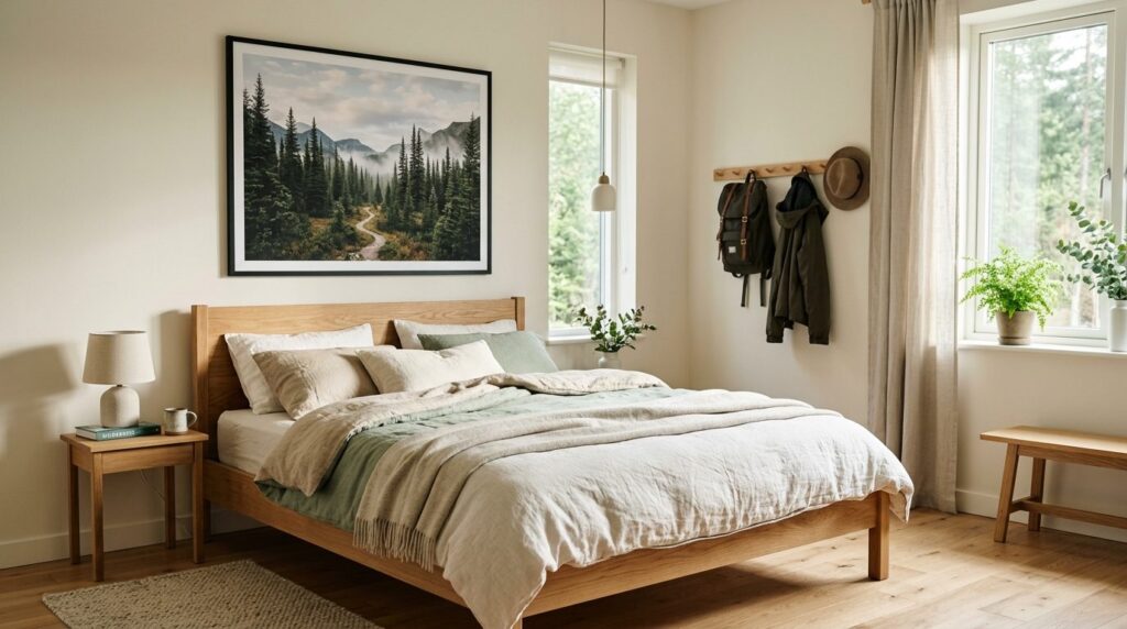 Modern Nordic bedroom with large 50x70 cm nature poster abov