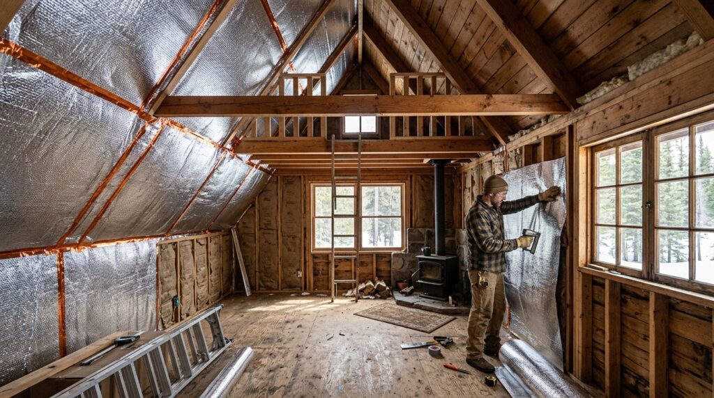 Wide interior view of a rustic holiday cabin or cottage with