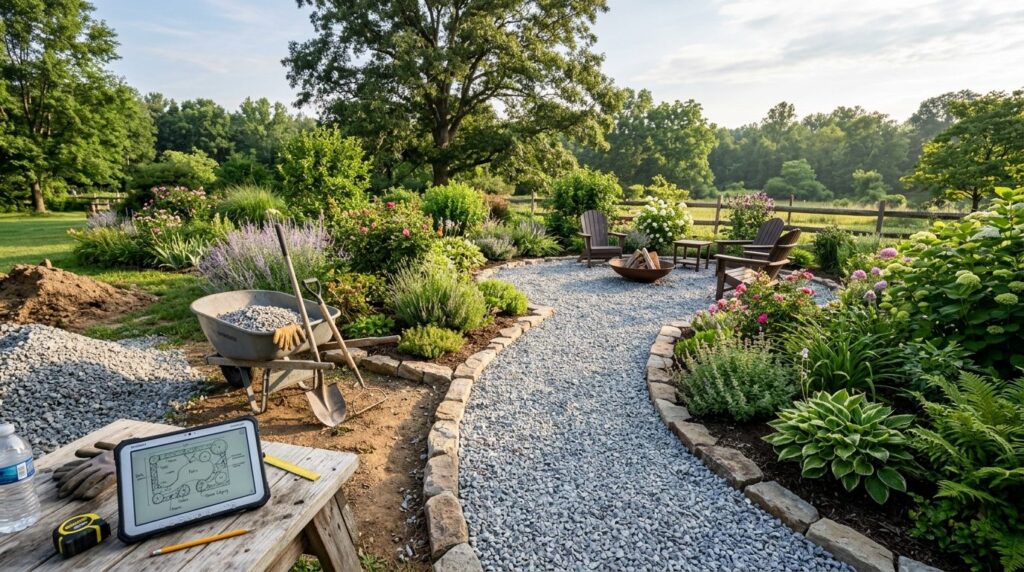 Wide landscape shot of a completed DIY gravel garden path an