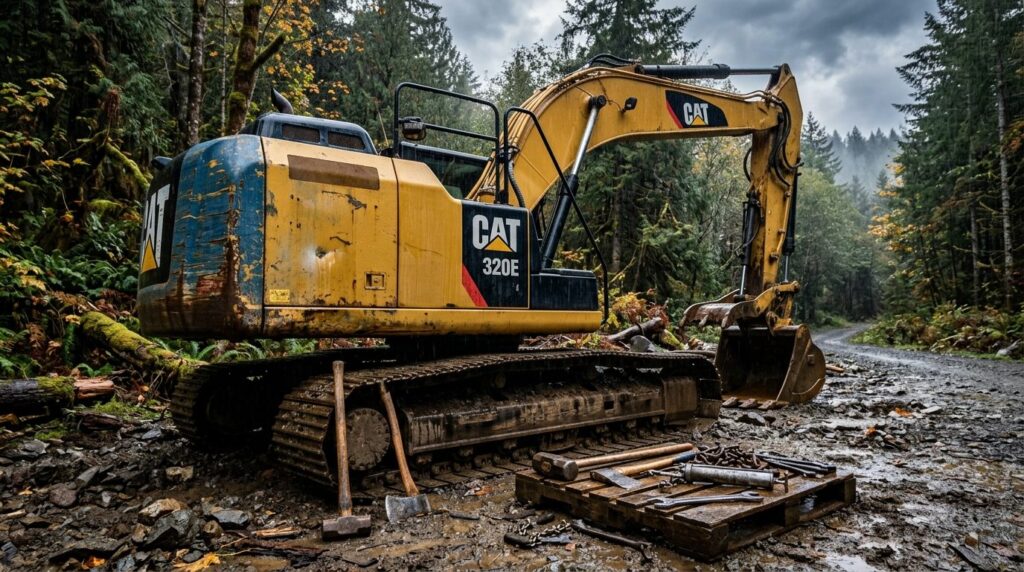 Rugged outdoor machinery and metal tools exposed to harsh we