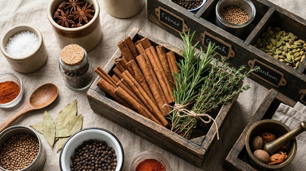 Close-up flat lay of premium spices and cooking ingredients