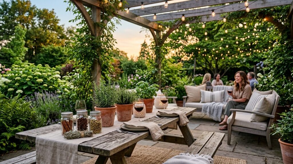 Serene outdoor patio setup with wooden picnic table, mason j