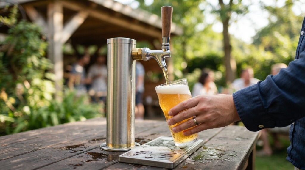 Close-up photograph of a professional portable beer tap syst