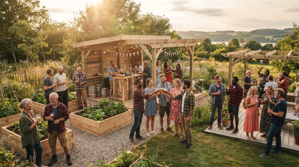 Wide angle outdoor party scene at a DIY construction complet
