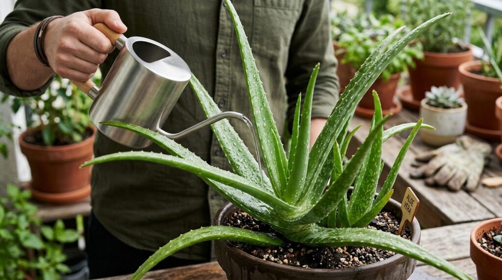 Close-up detail shot of fresh aloe vera leaves being gently 