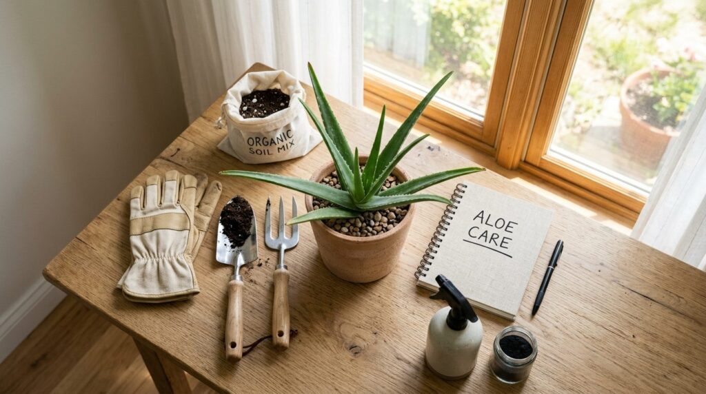 Flat lay lifestyle photography of aloe vera plant care essen