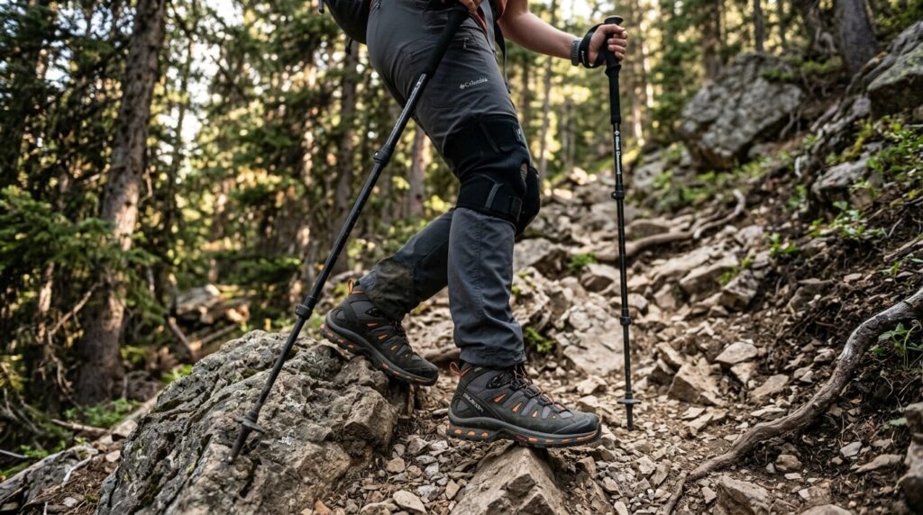 Photorealistic stock photo, 16:9 format: Close-up of a hiker
