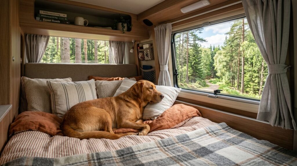 Close-up interior shot of a compact campervan bedroom with c