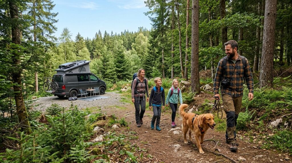 An outdoor scene showing a family with their dog exploring a