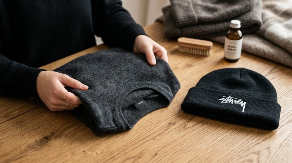 Close-up detail shot of winter baselayer maintenance: hands 