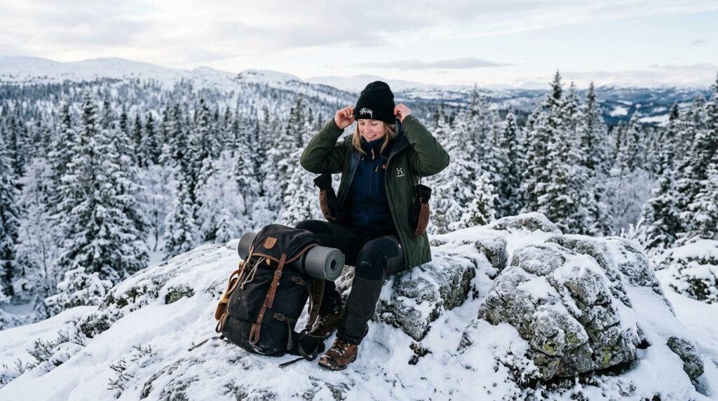 Outdoor winter scene of a Norwegian forest hiker sitting on 