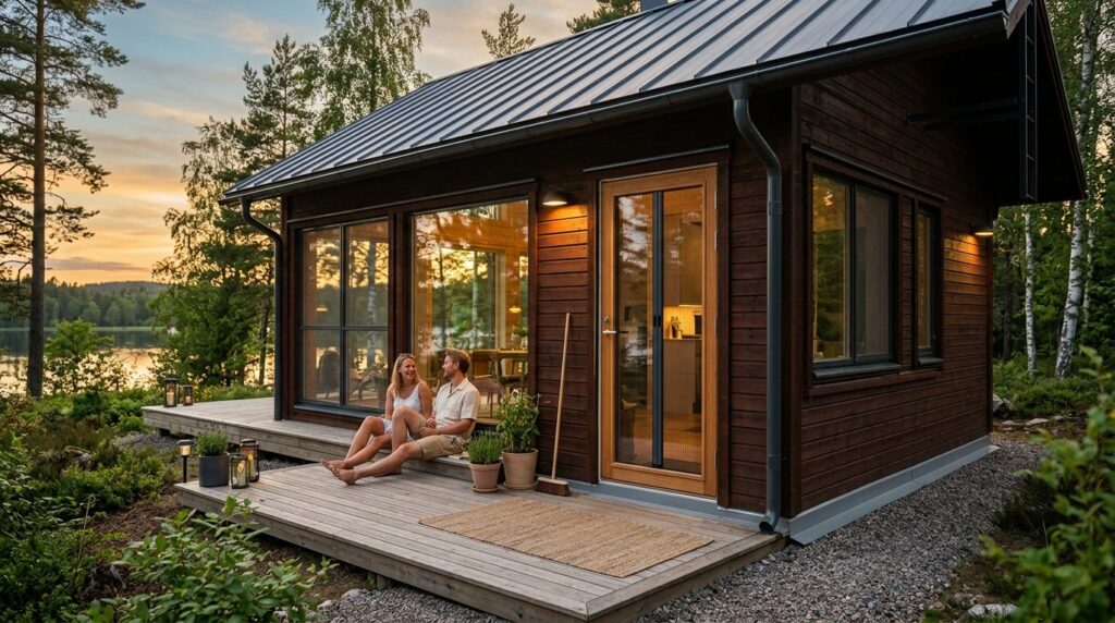 Outdoor Scandinavian summer house exterior at dusk showing s