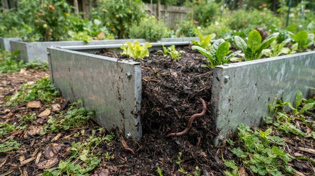 Close-up detail of galvanized steel raised bed frame showing
