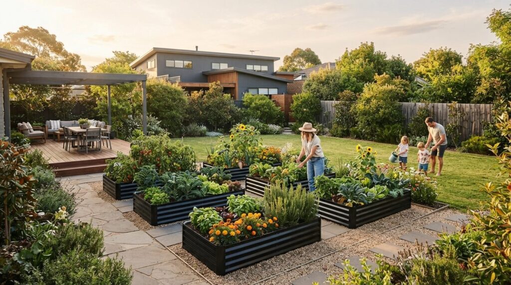 Wide angle garden scene showing multiple raised beds in blac