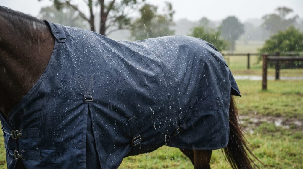 Close-up detail shot of a horses back with fitted rain blan