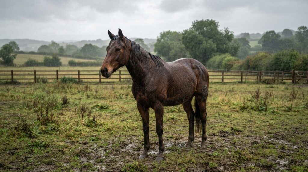 Horse in natural outdoor environment during rain without bla