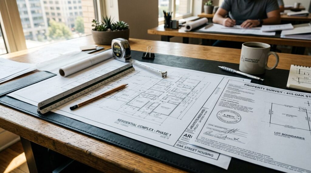 Close-up detail of an architects desk with building plans, 