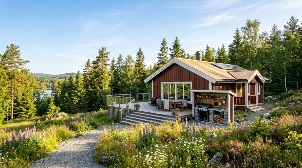 Wide landscape shot of a well-maintained summer cottage surr